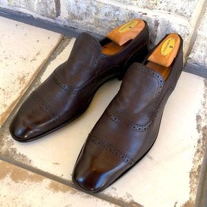 Bally Stitzerland men’s brown cap toe quarter brogue slip on dress shoes